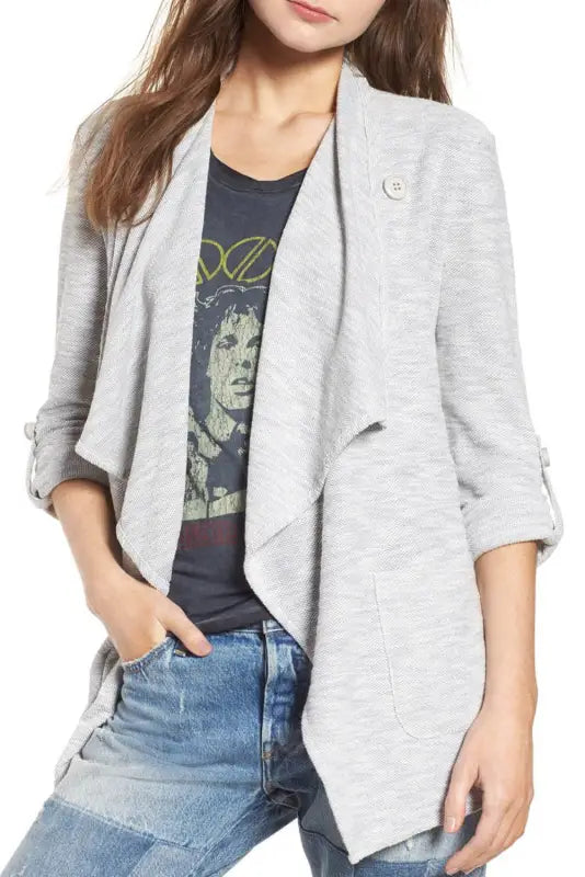 Gray drape front knit jacket - jackets