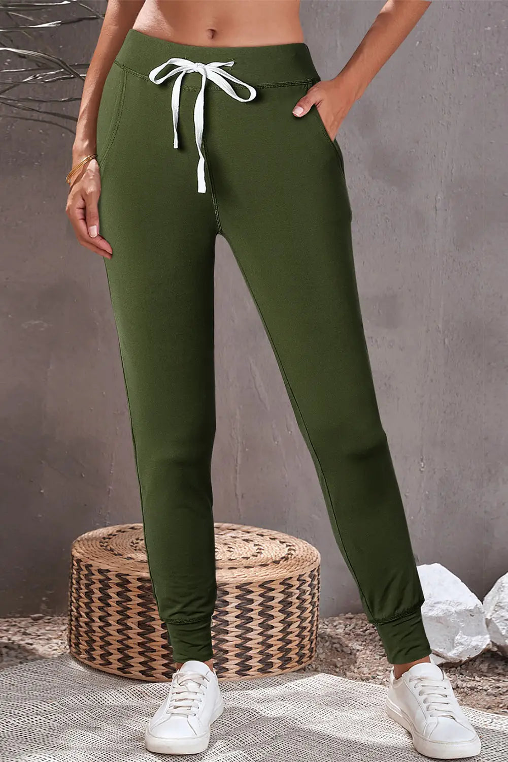 Gray drawstring waist pocketed joggers - moss green / 2xl / 90% polyester + 10% elastane - bottoms