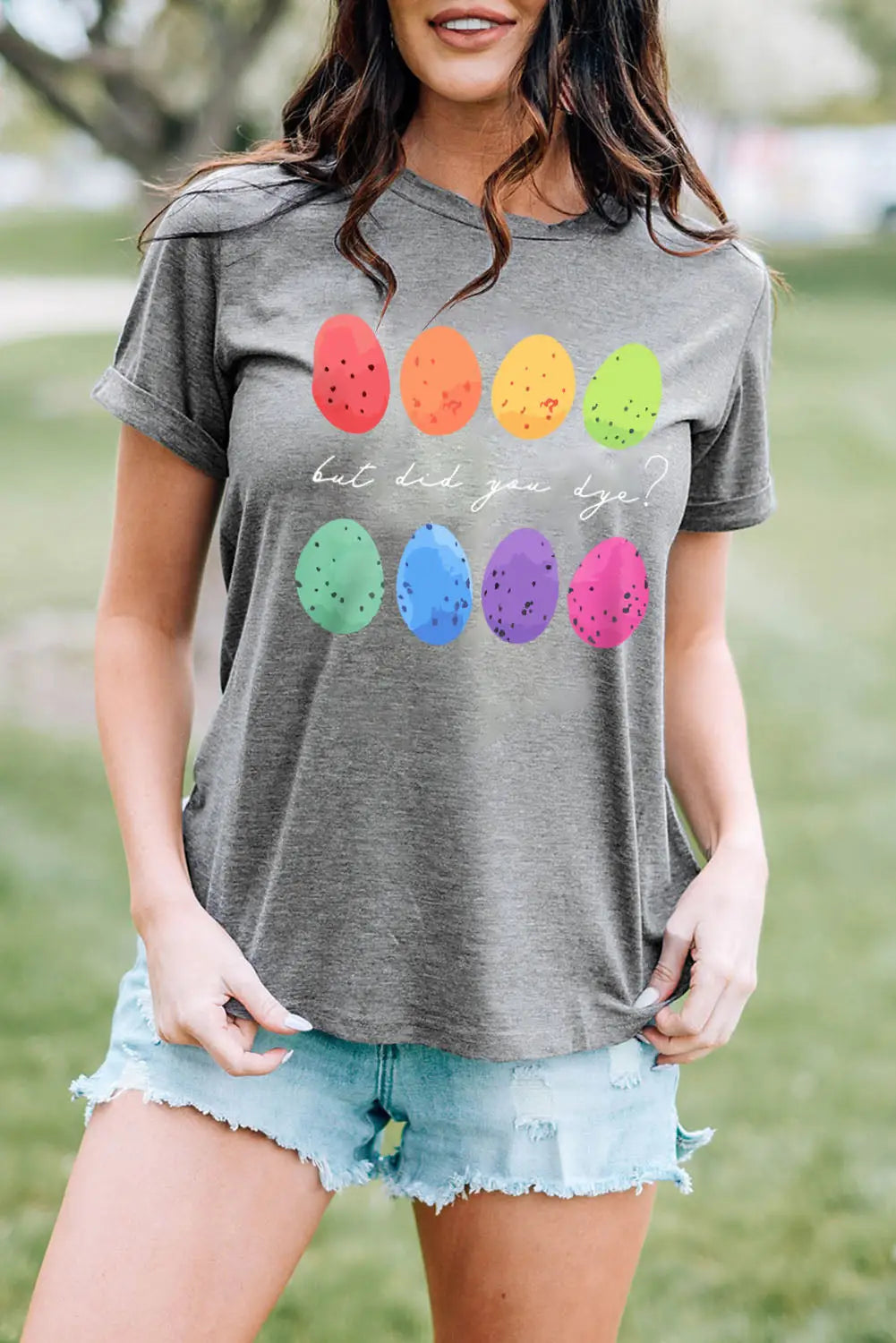 Gray easter eggs print crew neck t-shirt - graphic t-shirts