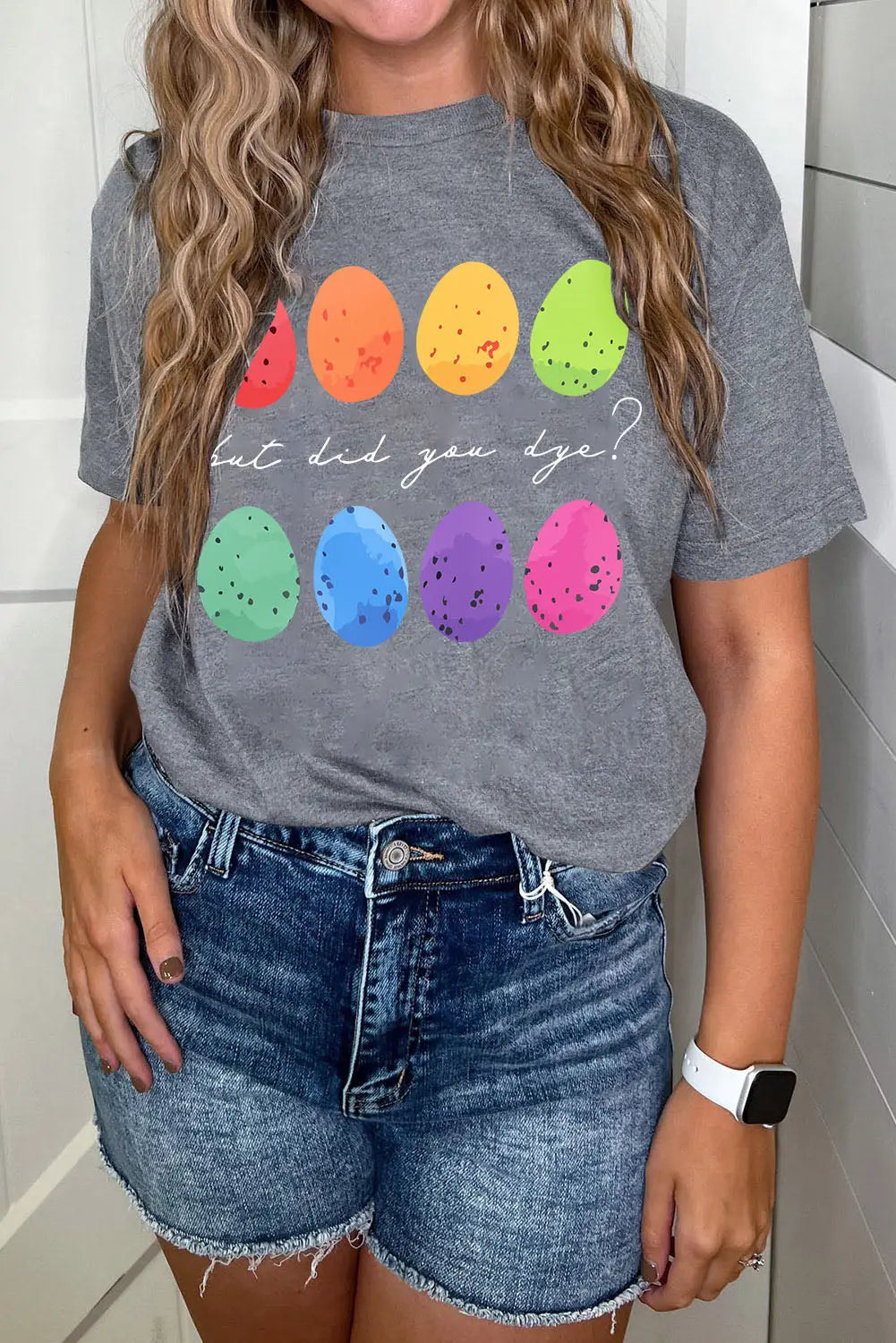 Gray easter eggs print crew neck t-shirt - s / 62% polyester + 32% cotton + 6% elastane - graphic t-shirts