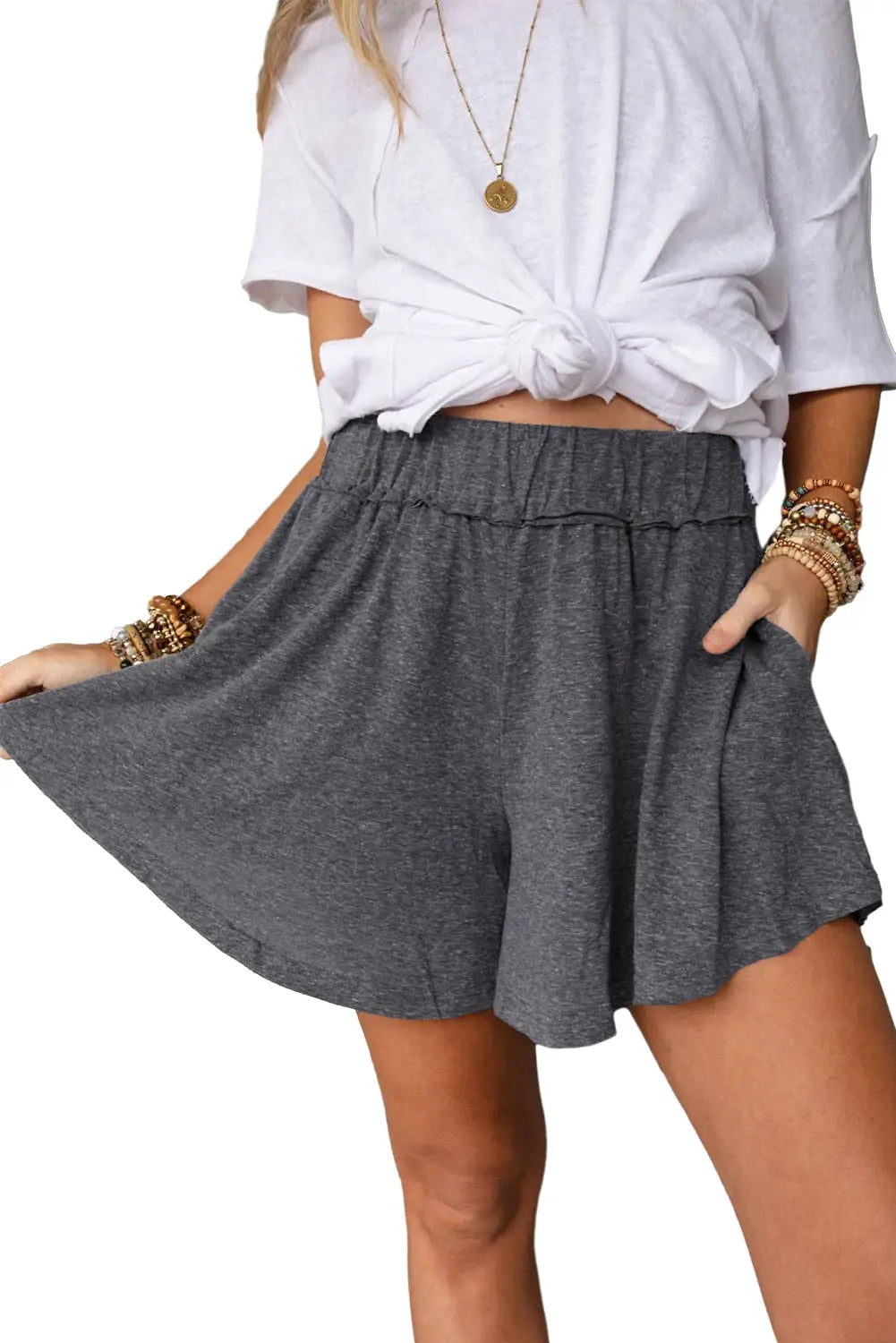 Gray elastic waist culotte shorts - bottoms