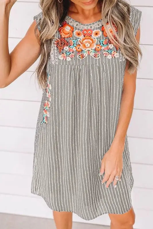 Gray embroidered striped print sleeveless mini dress - dresses