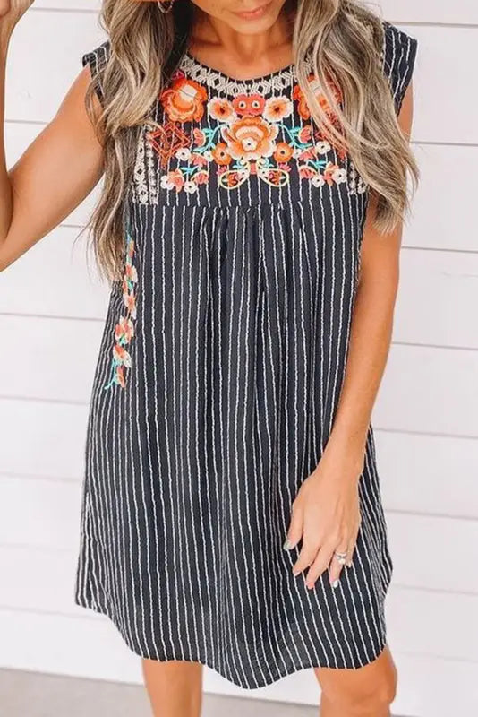 Gray embroidered striped print sleeveless mini dress - blue / s / 50% viscose + 50% cotton - dresses