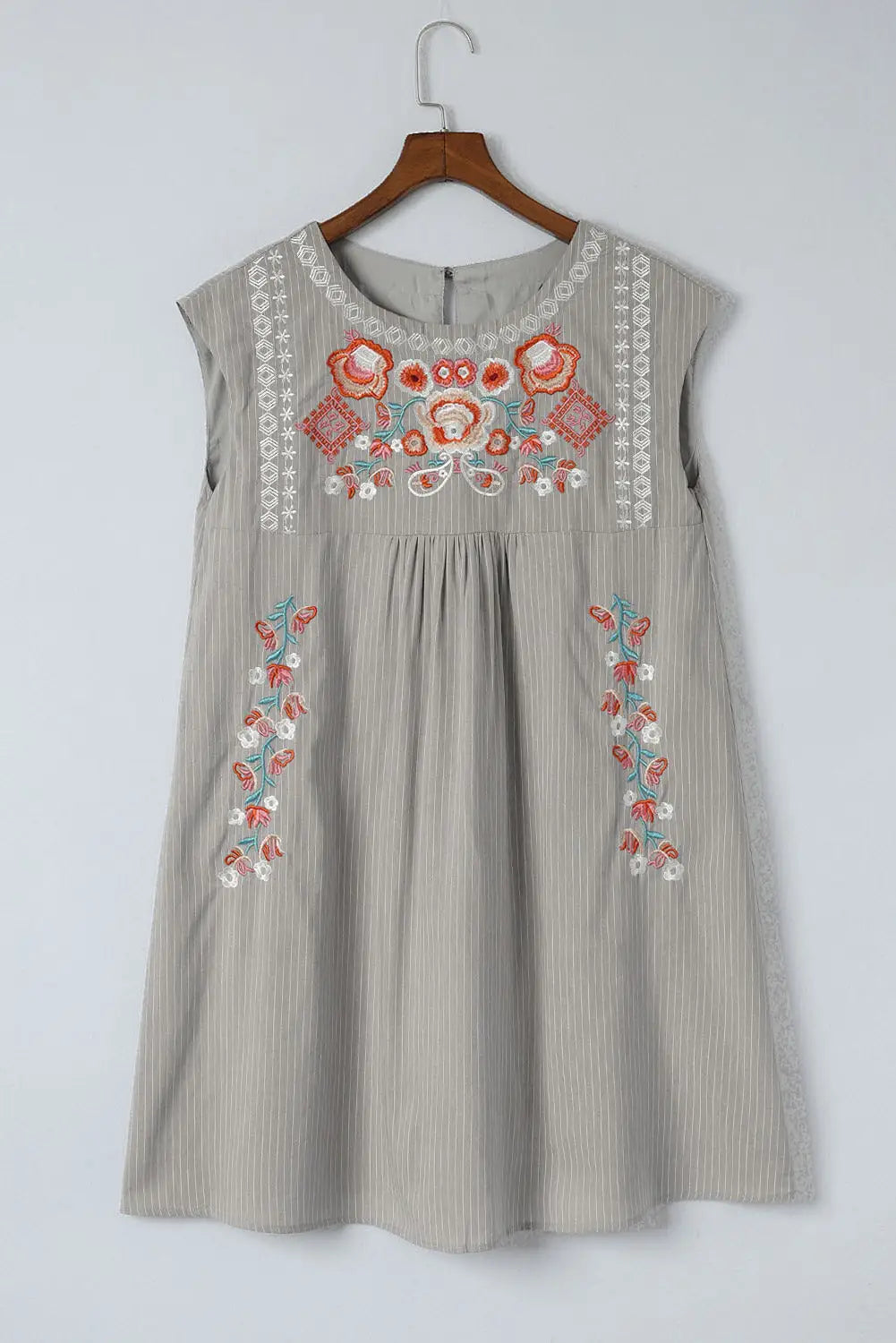 Gray embroidered striped print sleeveless mini dress - dresses