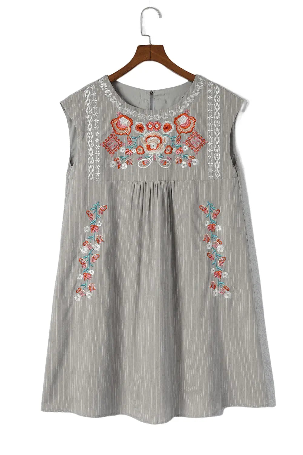 Gray embroidered striped print sleeveless mini dress - dresses