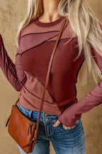 Gray Expose Seam Color Block Ribbed Knit Top - Fashionfitz