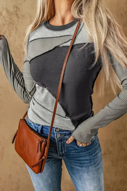 Gray Expose Seam Color Block Ribbed Knit Top - Fashionfitz