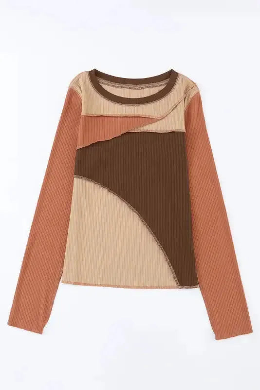Gray Expose Seam Color Block Ribbed Knit Top - Fashionfitz