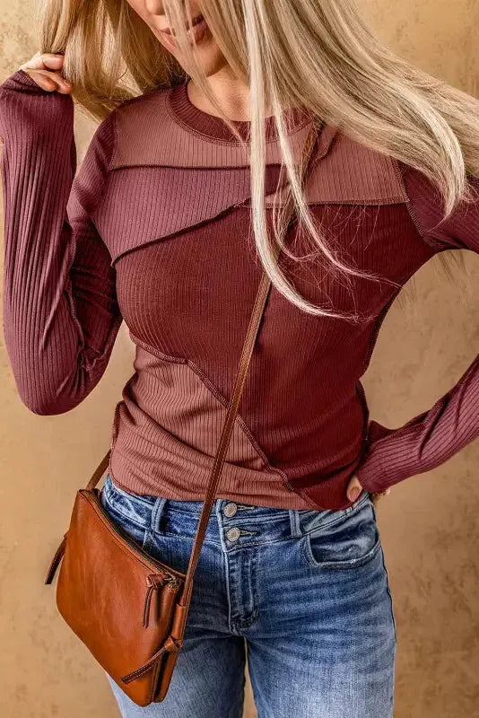 Gray Expose Seam Color Block Ribbed Knit Top - Fashionfitz