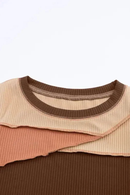 Gray Expose Seam Color Block Ribbed Knit Top - Fashionfitz