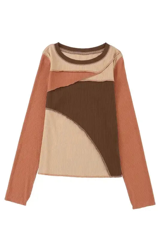 Gray Expose Seam Color Block Ribbed Knit Top - Fashionfitz