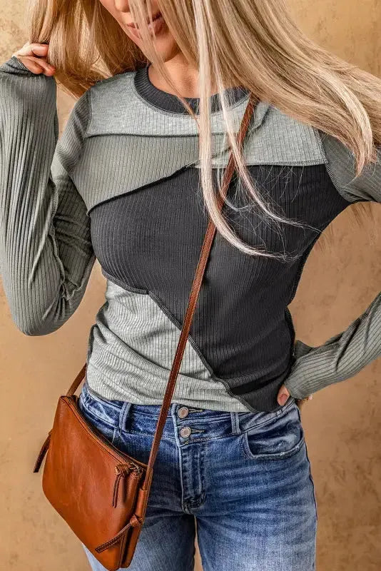 Back view of colour block ribbed knit top showing exposed seam construction Fashionfitz UK
