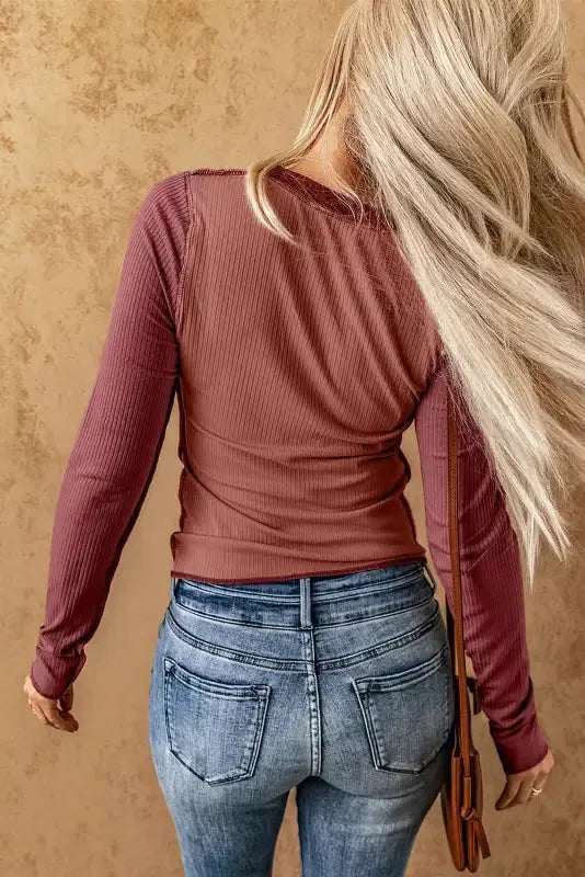 Gray Expose Seam Color Block Ribbed Knit Top - Fashionfitz