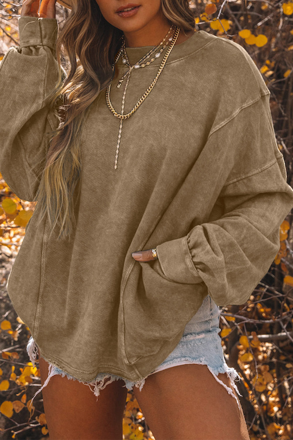 Gray exposed seam twist open back oversized sweatshirt - khaki / s / 80% polyester + 20% cotton - sweatshirts & hoodies