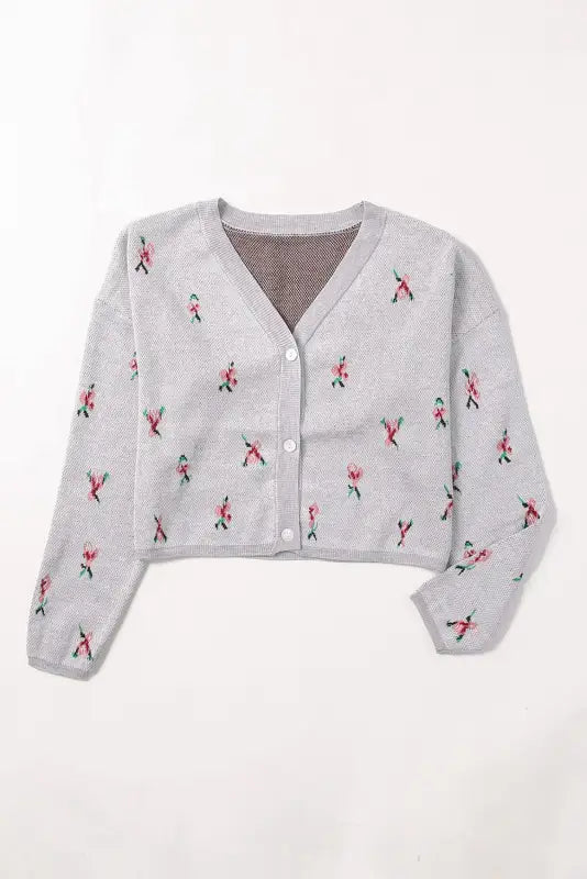 Gray floral cropped sweater cardigan - sweaters & cardigans