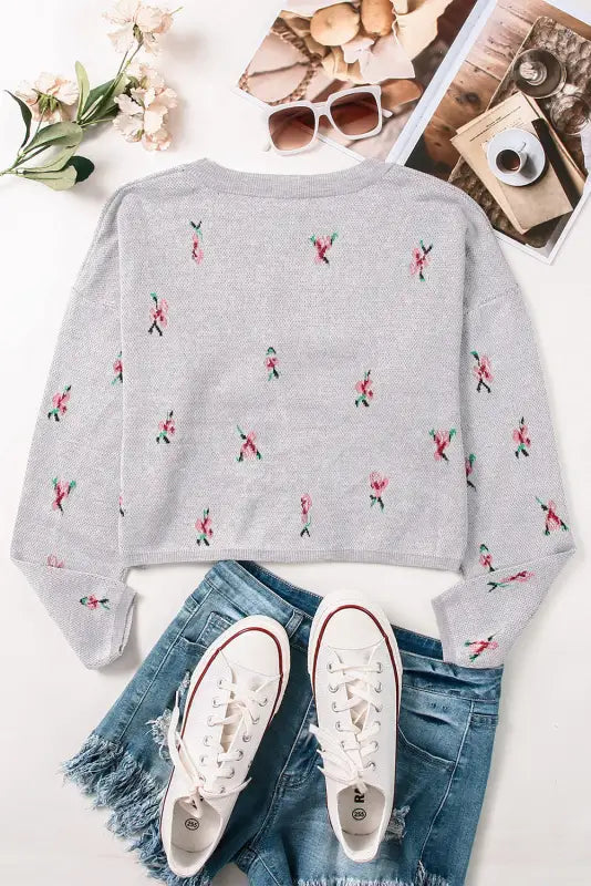 Gray floral cropped sweater cardigan - sweaters & cardigans