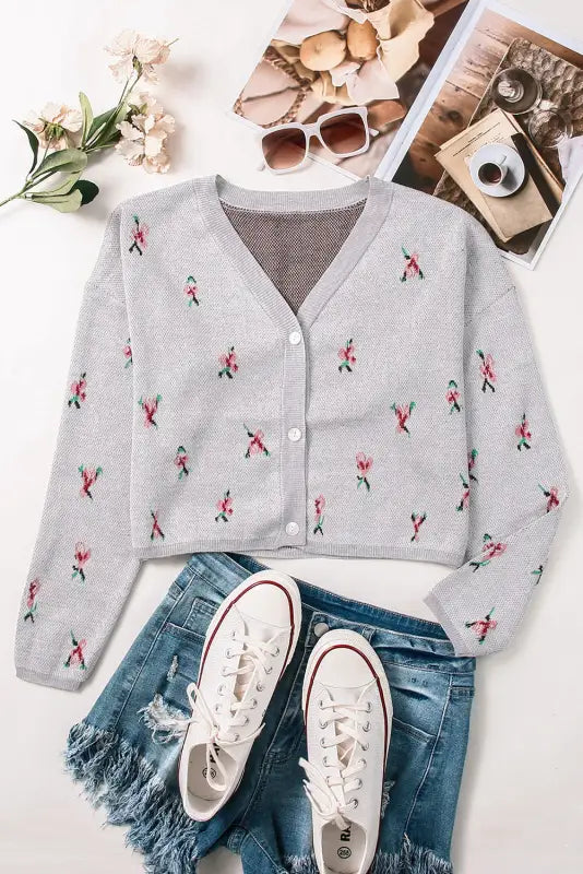 Gray floral cropped sweater cardigan - sweaters & cardigans