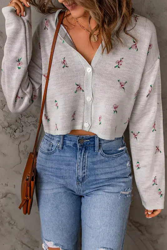 Gray floral cropped sweater cardigan - sweaters & cardigans