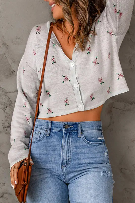 Gray floral cropped sweater cardigan - sweaters & cardigans