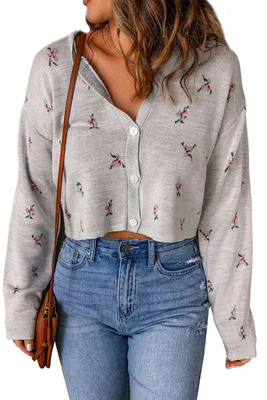 Gray floral cropped sweater cardigan - sweaters & cardigans