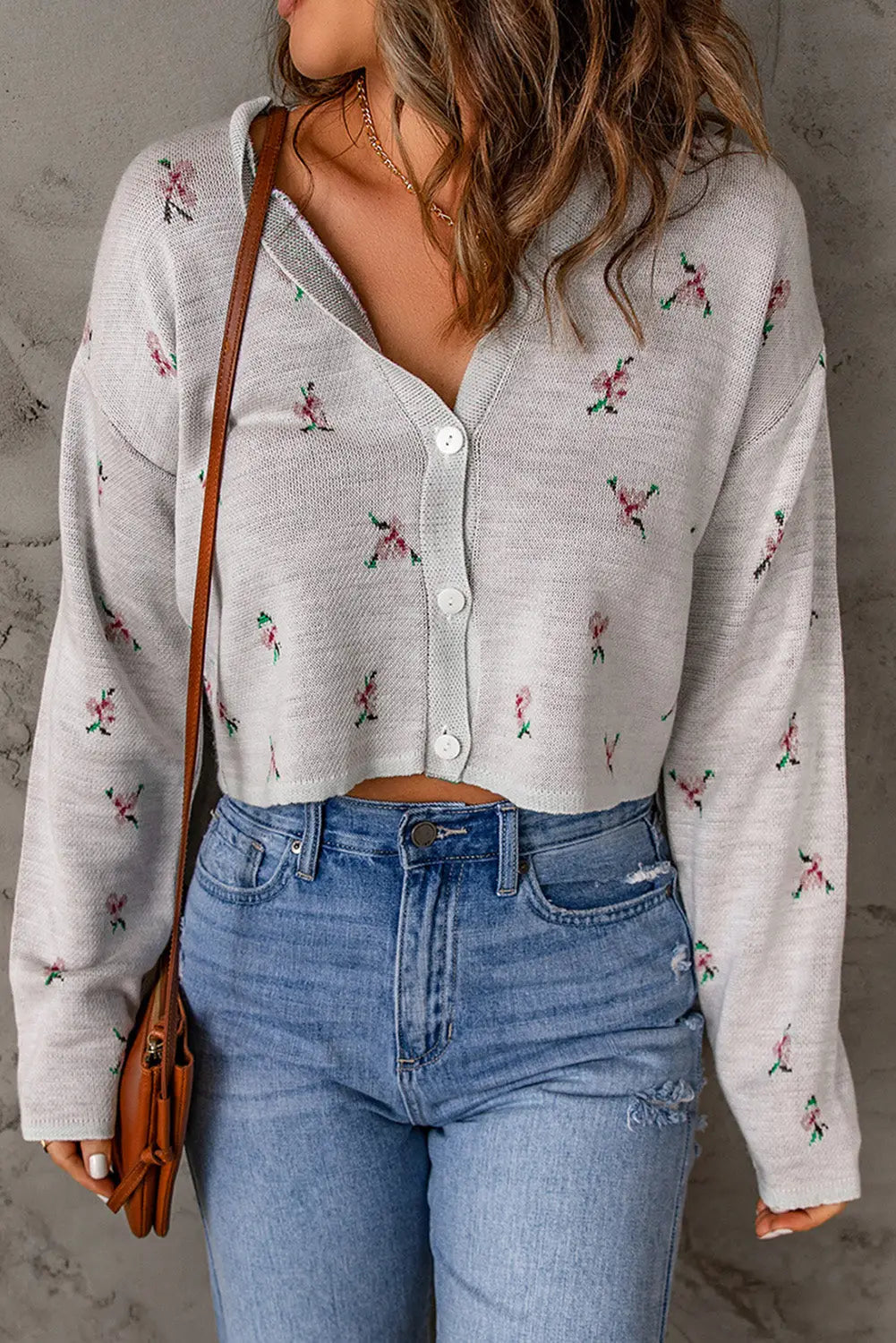 Gray floral cropped sweater cardigan - s / 97% polyester + 3% polyamide - sweaters & cardigans