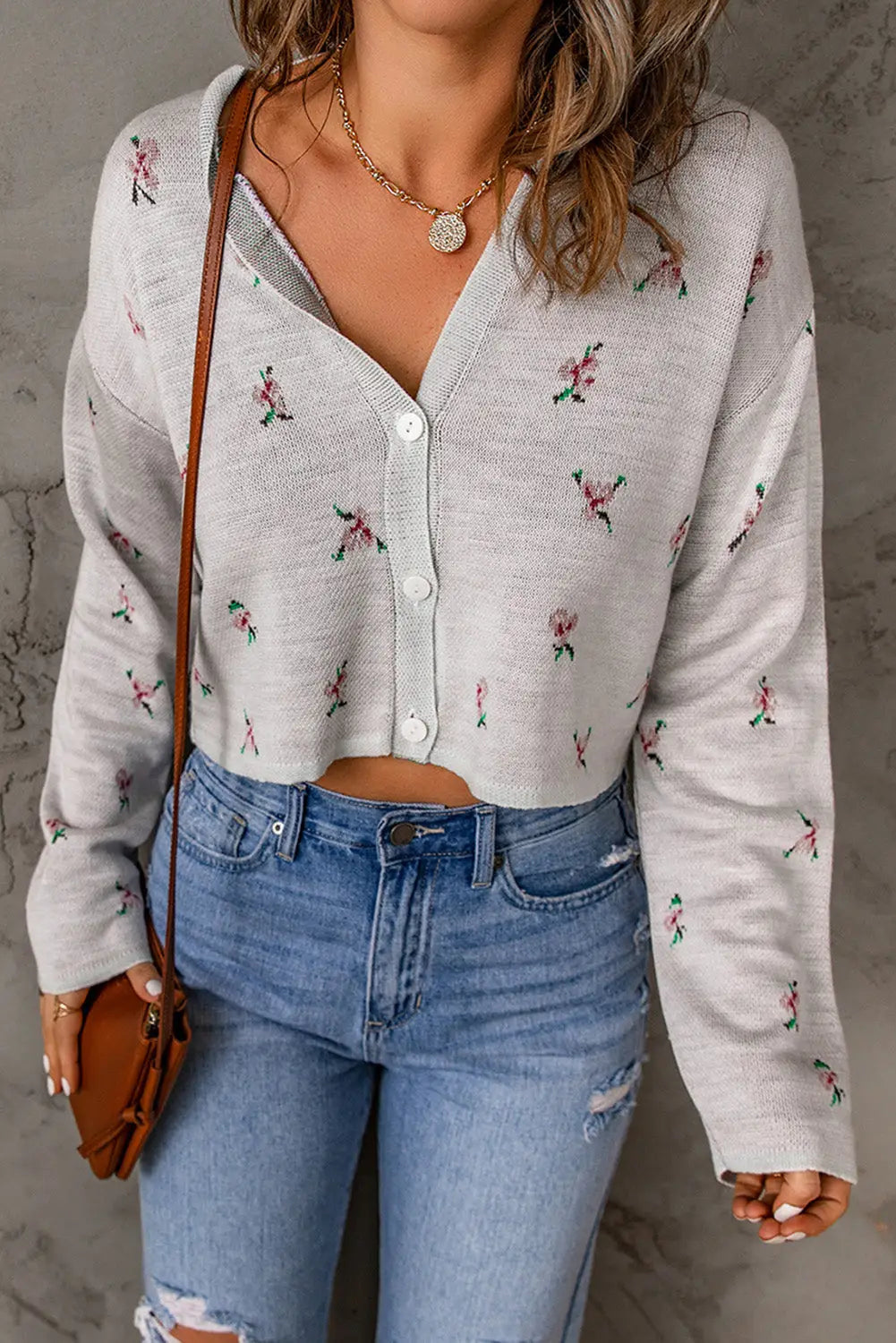 Gray floral cropped sweater cardigan - sweaters & cardigans