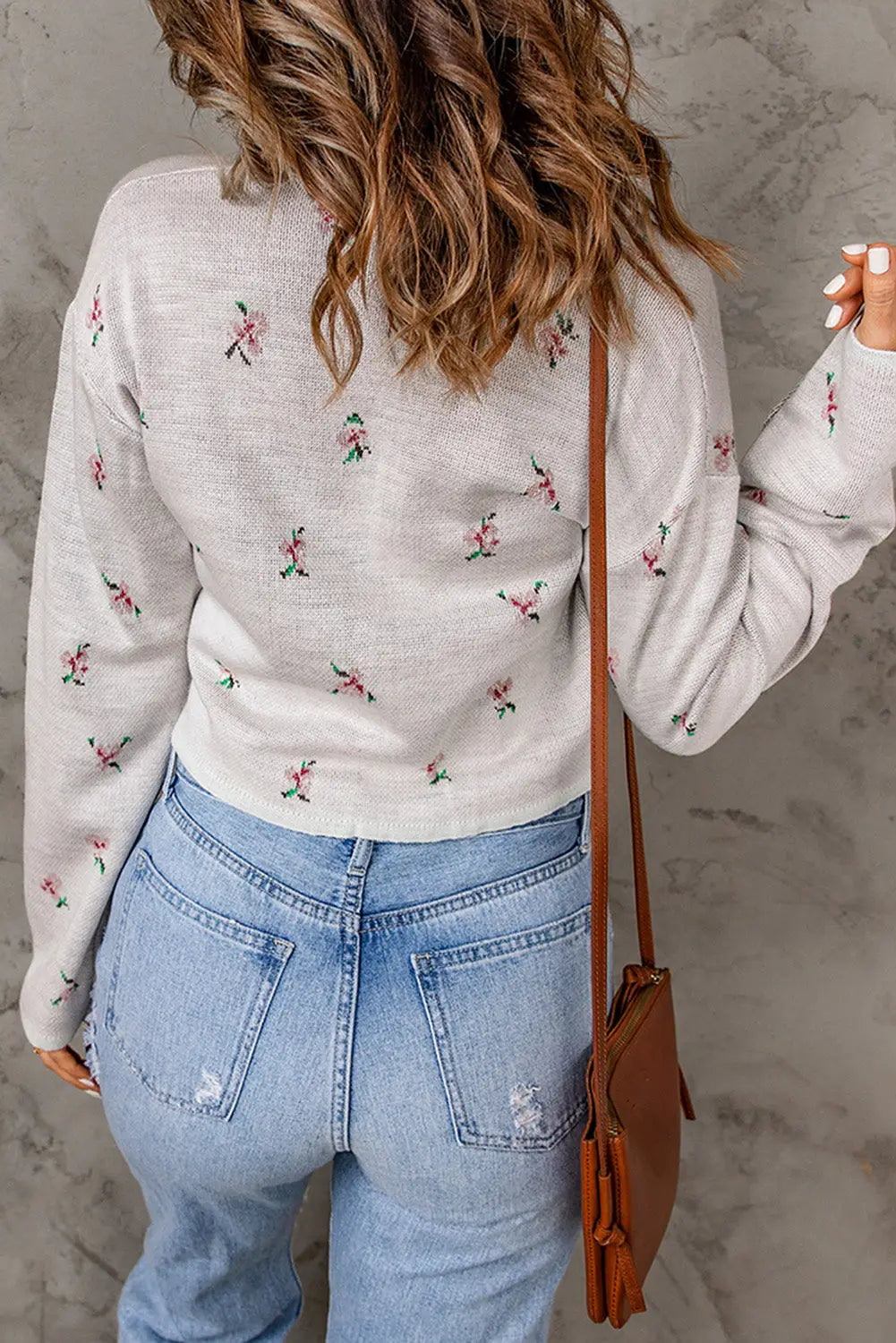 Gray floral cropped sweater cardigan - sweaters & cardigans