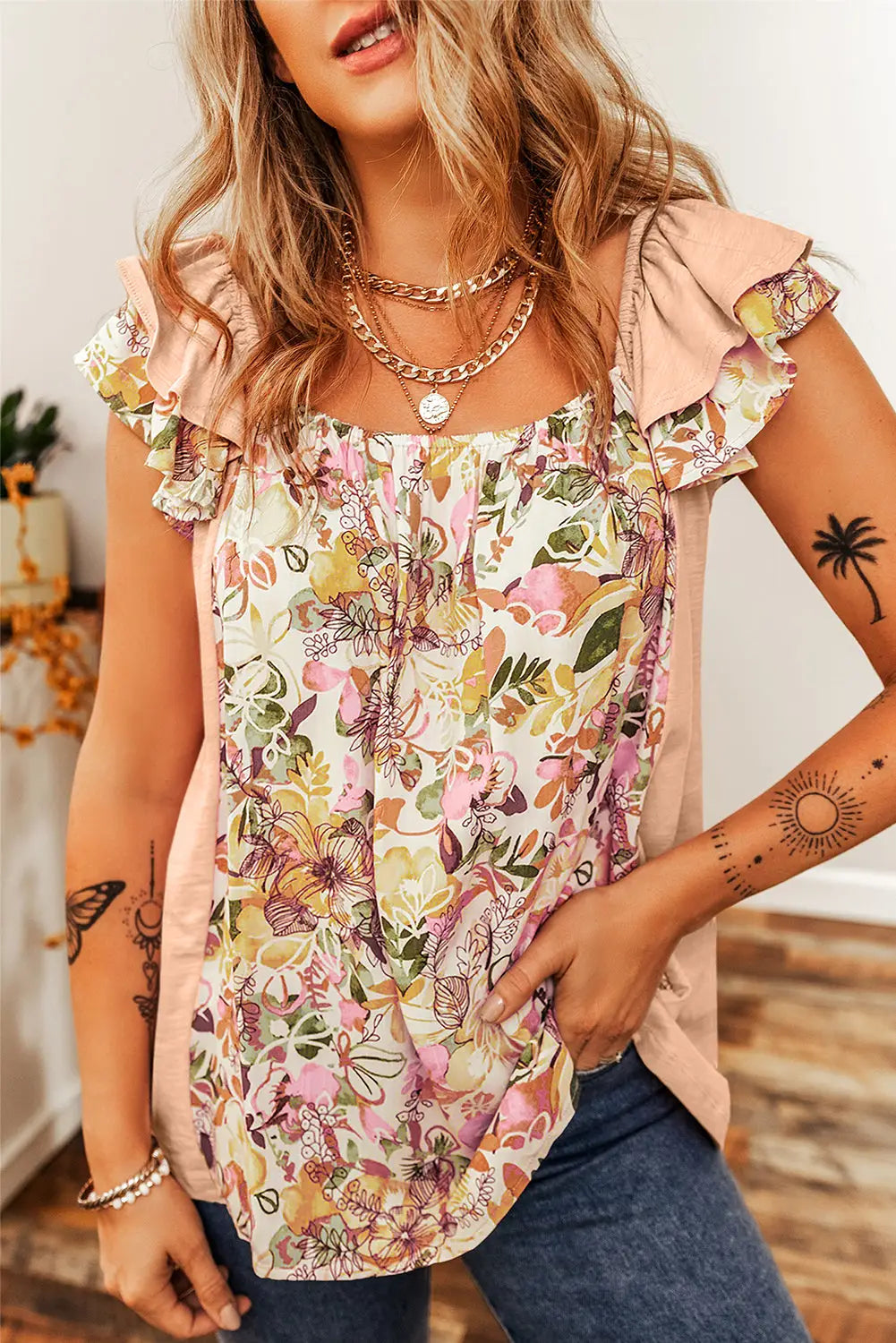 Gray floral patchwork square neck ruffle sleeve blouse - apricot pink / s / 65% polyester + 35% cotton - short blouses