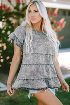 Gray Flutter Sleeves Tiered Denim Top - Fashionfitz