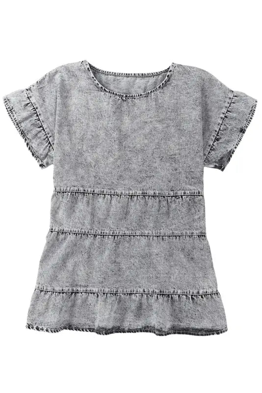 Gray flutter sleeves tiered denim top - t-shirts