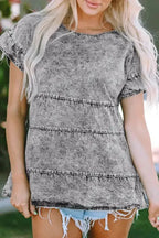 Gray Flutter Sleeves Tiered Denim Top - Fashionfitz
