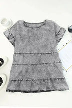 Gray Flutter Sleeves Tiered Denim Top - Fashionfitz