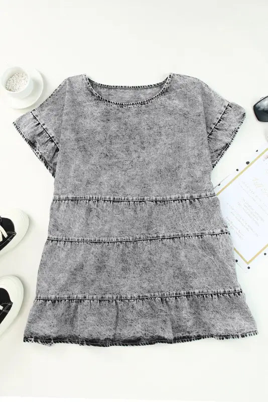 Gray flutter sleeves tiered denim top - t-shirts