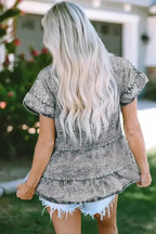 Gray Flutter Sleeves Tiered Denim Top - Fashionfitz