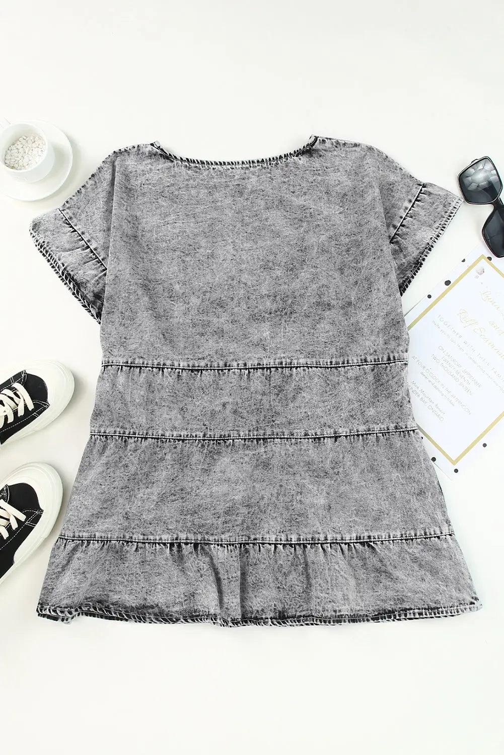 Gray flutter sleeves tiered denim top - t-shirts