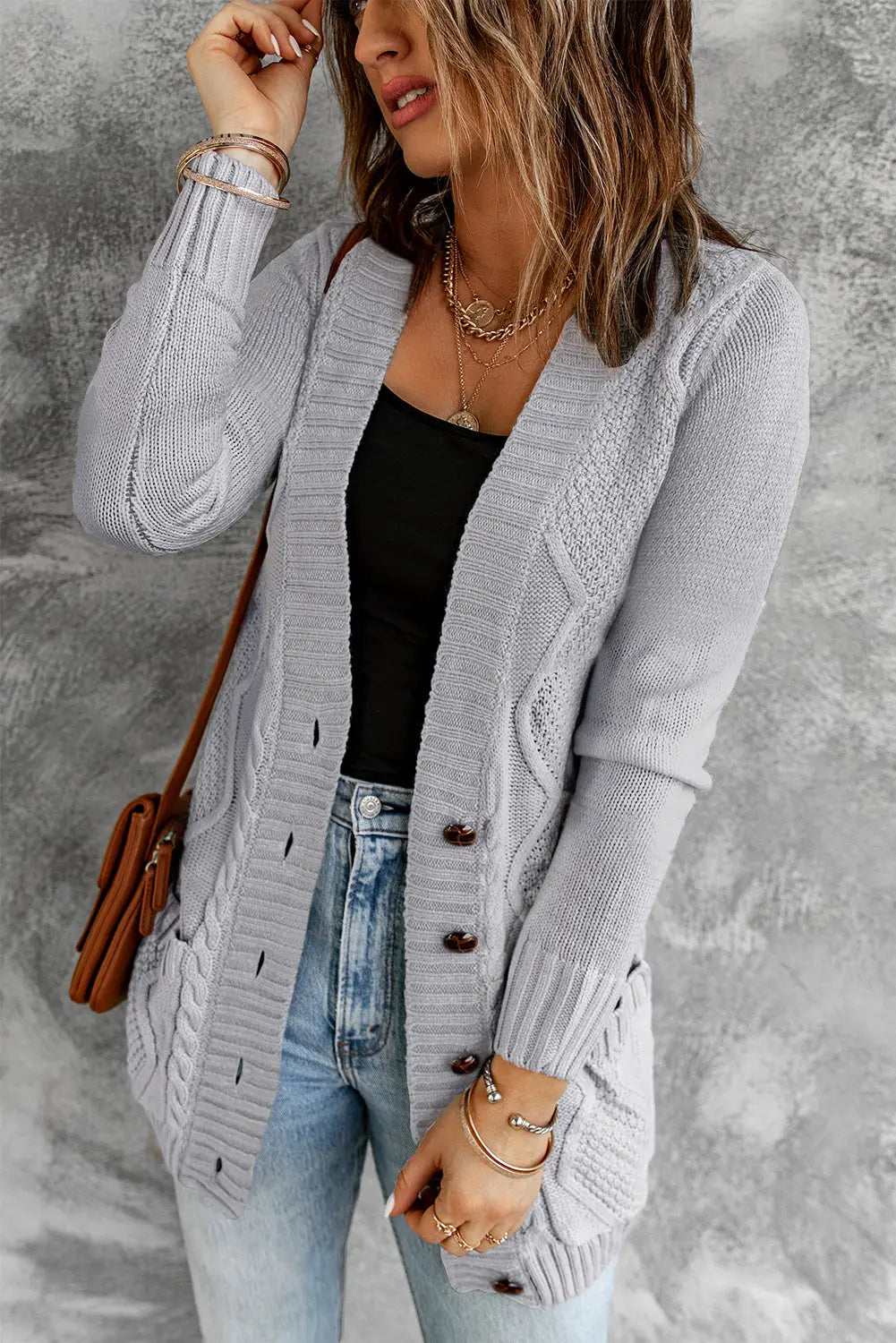 Gray front pocket and buttons closure cardigan - sweaters & cardigans