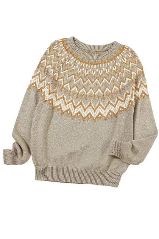 Gray geometric pattern ribbed round neck sweater - sweaters & cardigans