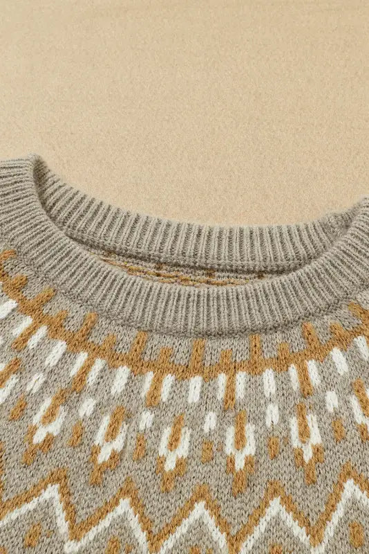 Gray geometric pattern ribbed round neck sweater - sweaters & cardigans