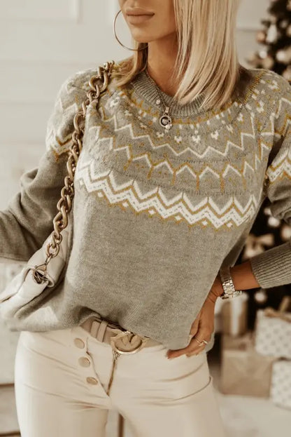 Gray geometric pattern ribbed round neck sweater - s / 65% acrylic + 35% polyester - sweaters & cardigans