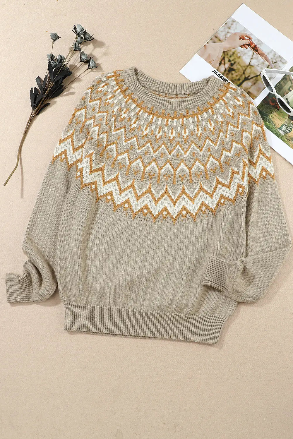 Gray geometric pattern ribbed round neck sweater - sweaters & cardigans