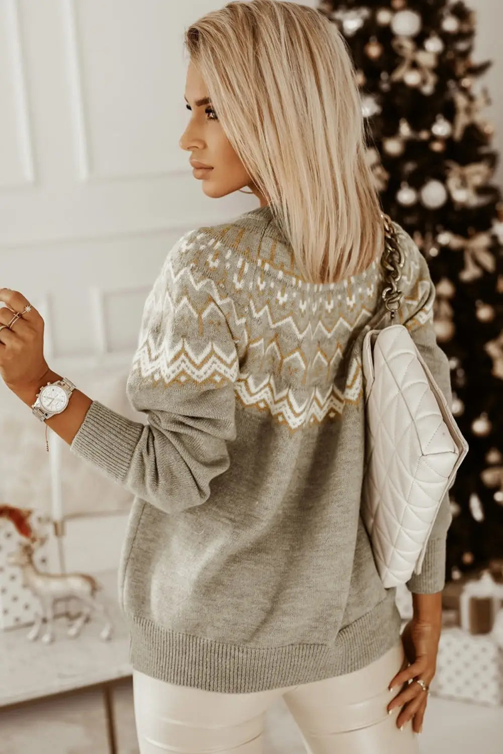 Gray geometric pattern ribbed round neck sweater - sweaters & cardigans