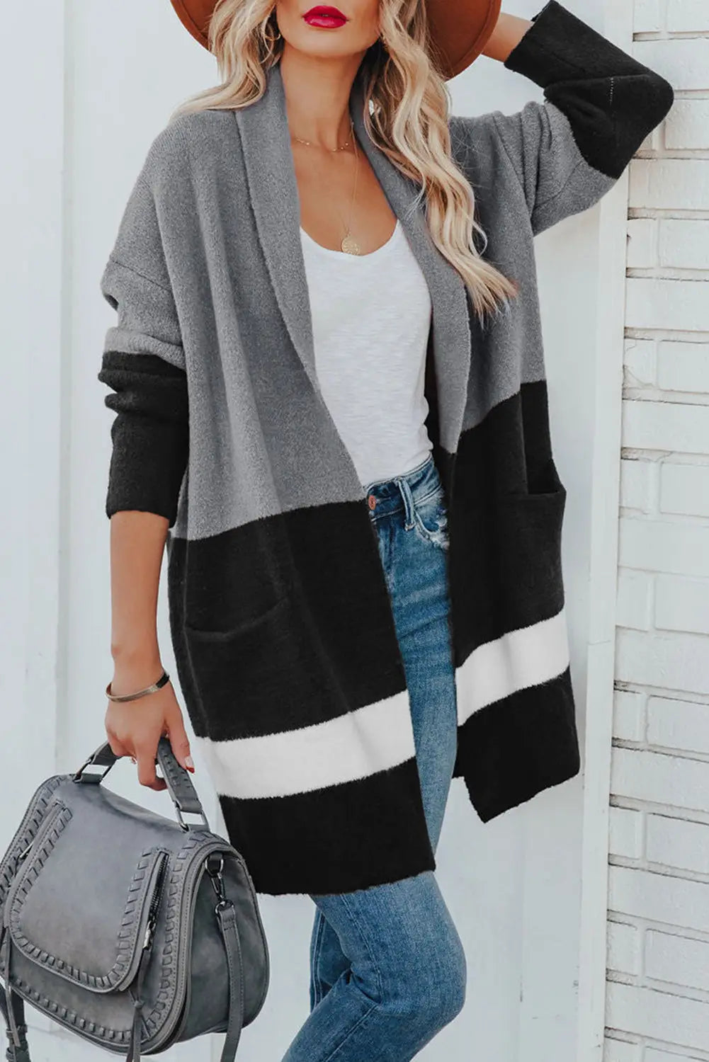 Gray gingerbread latte colorblock pocketed cardigan - s / 50% viscose + 28% polyester + 22% polyamide - sweater &