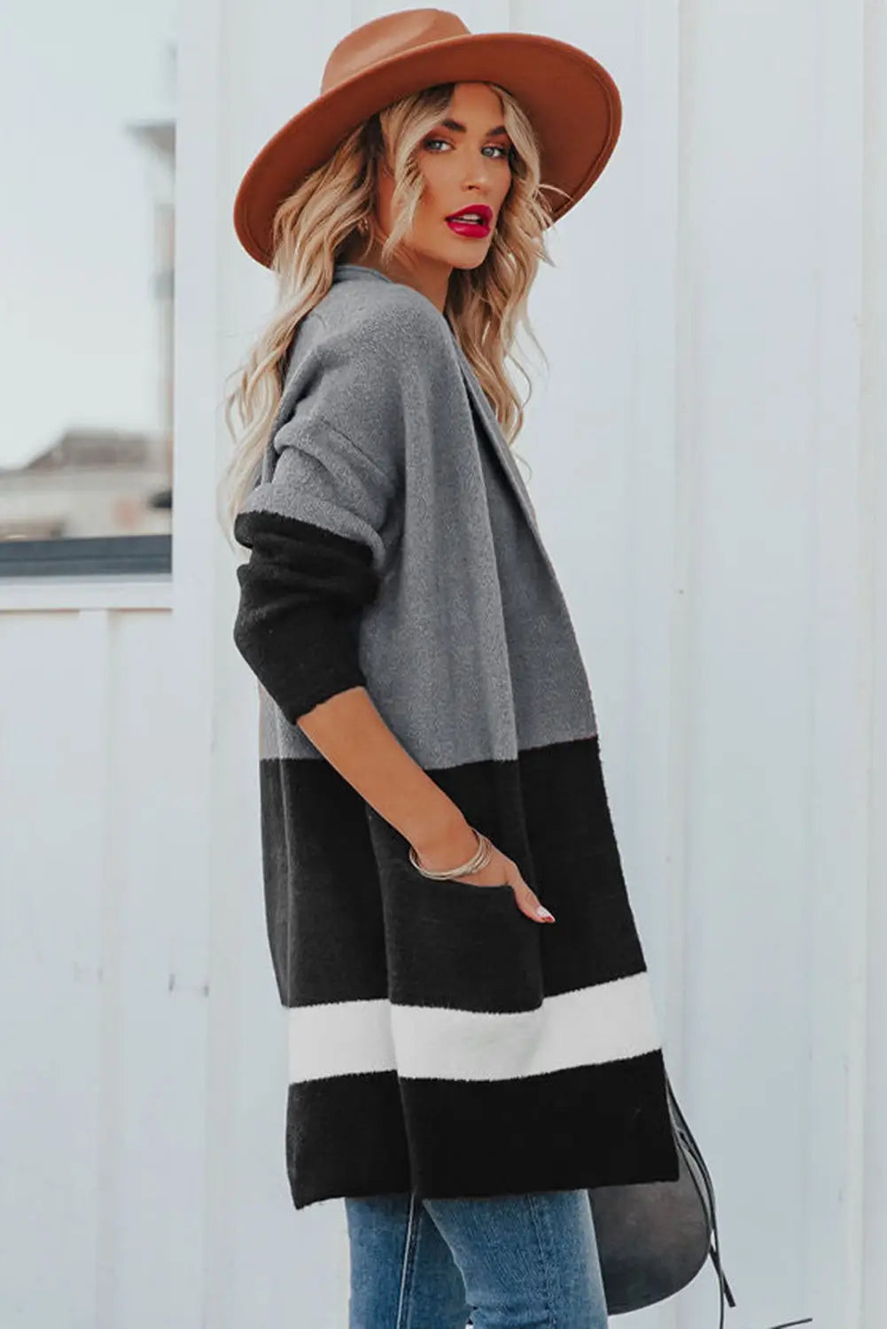 Gray gingerbread latte colorblock pocketed cardigan - sweater & cardigans
