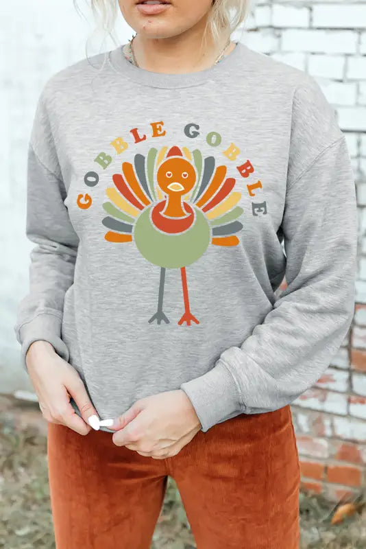 Gray gobble turkey print pullover sweatshirt - graphic sweatshirts