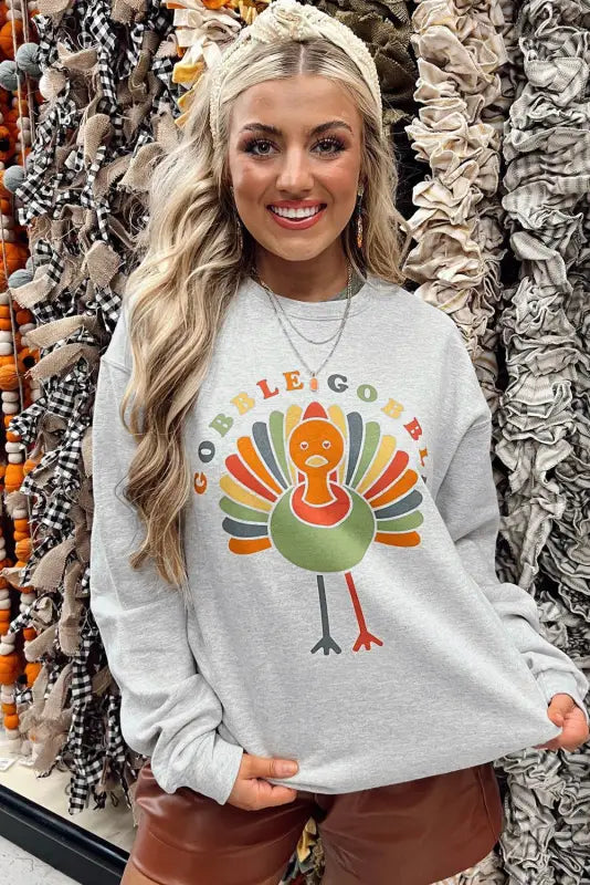 Gray gobble turkey print pullover sweatshirt - graphic sweatshirts