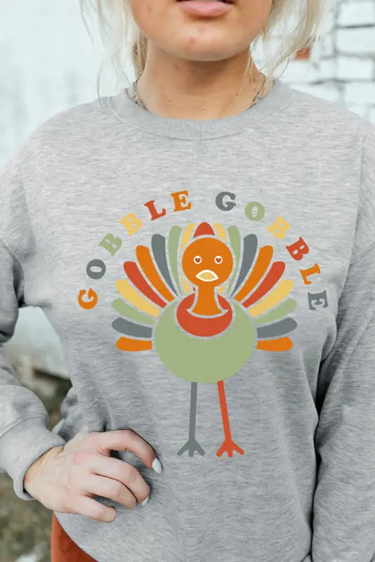 Gray gobble turkey print pullover sweatshirt - graphic sweatshirts