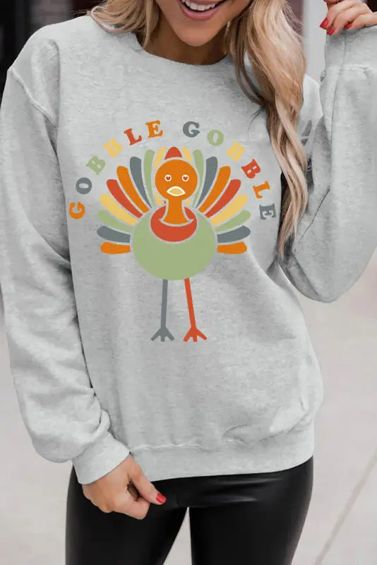 Gray gobble turkey print pullover sweatshirt - graphic sweatshirts