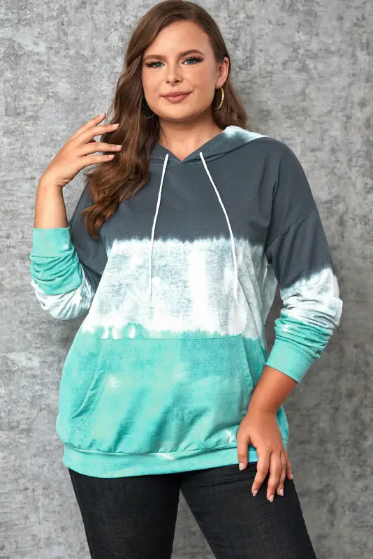 Gray gradient colorblock pullover hoodie - green / 5x / 95% polyester + 5% elastane - plus size