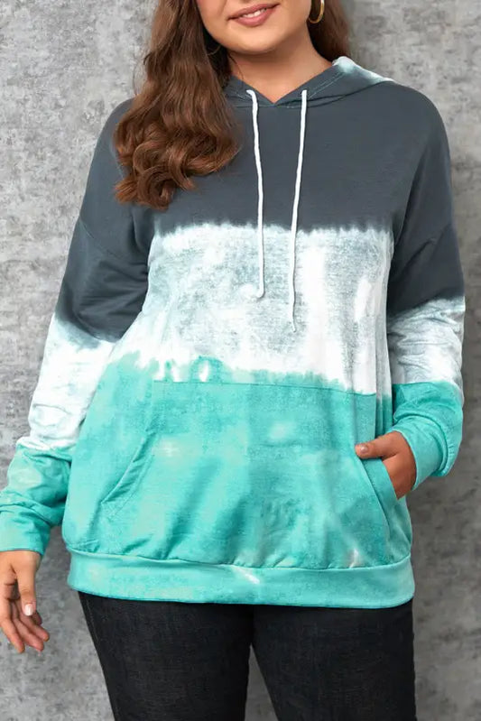 Gray gradient colorblock pullover hoodie - green / 5x / 95% polyester + 5% elastane - plus size