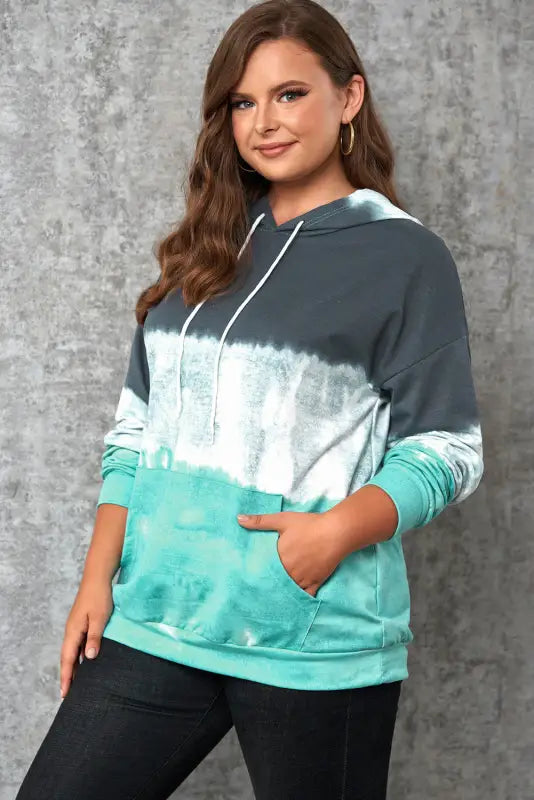 Gray gradient colorblock pullover hoodie - green / 5x / 95% polyester + 5% elastane - plus size